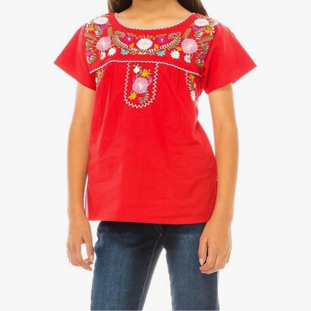 Traditional Mexican Red Embroidered girls blouse